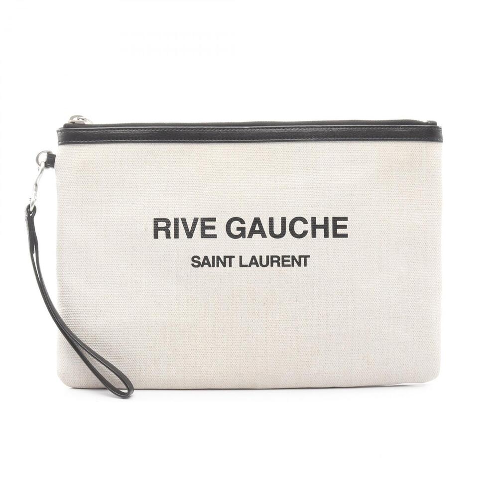 Saint Laurent Paris RIVE GAUCHE Shoulder Bag Canvas Leather Ivory White Black
